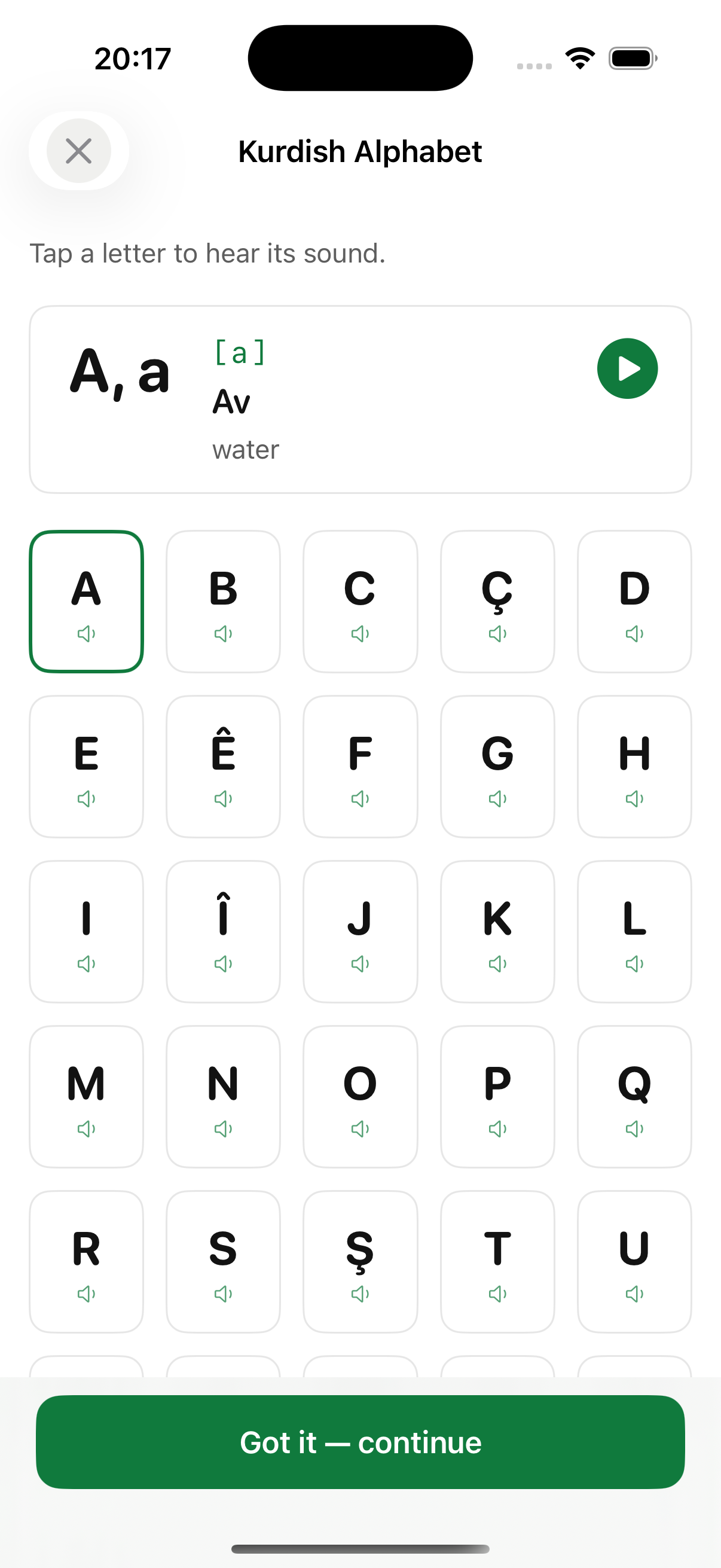 The Kurdish alphabet and native audio inside the Awa app
