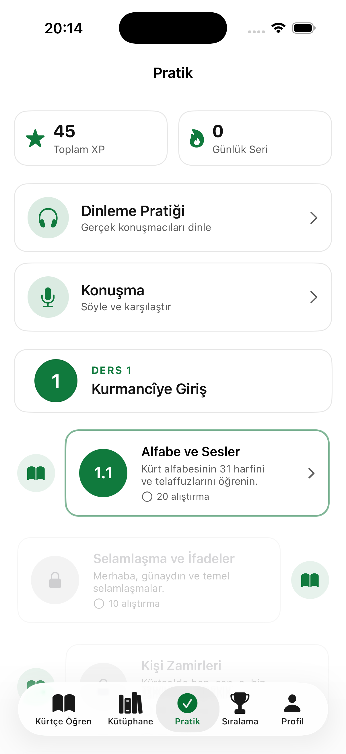 Awa uygulamasında Kurmancî dersleri ve konuşma pratiği ekranı